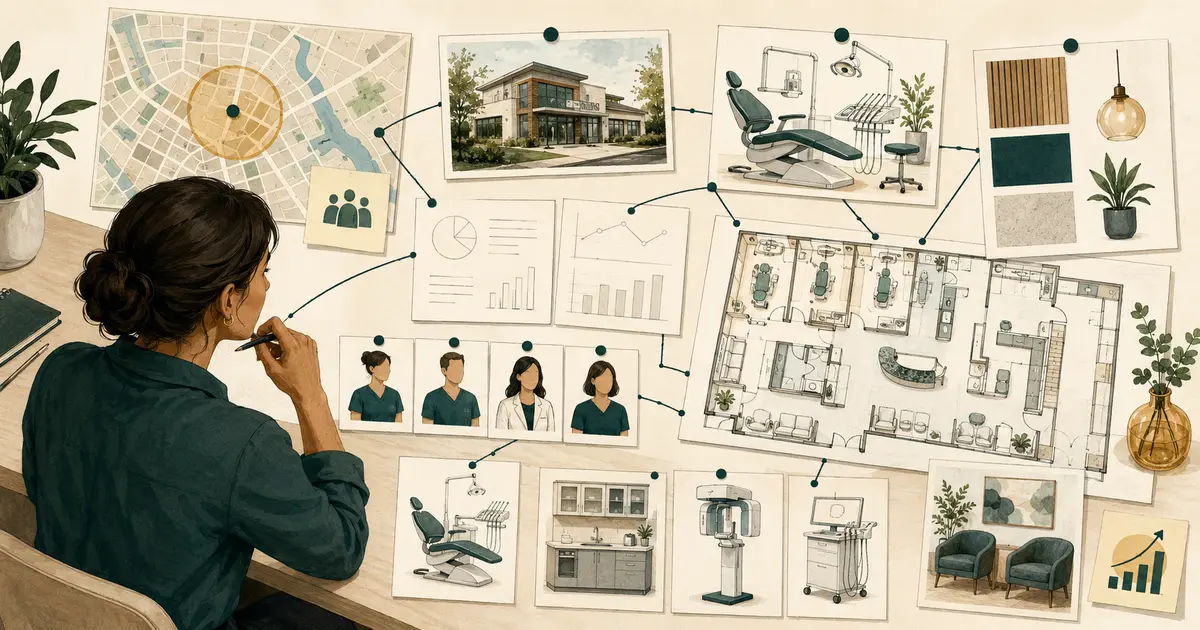 Future dental practice owner builds a business plan with market map, service model, staffing timeline, startup budget, and risk scenarios.
