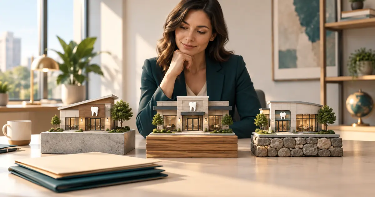 Three miniature dental offices sit on different foundations beside formation folders.