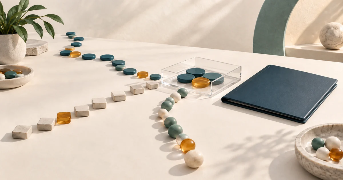 Three differently arranged paths of small tokens converging on a clear cash tray beside a financial folder.