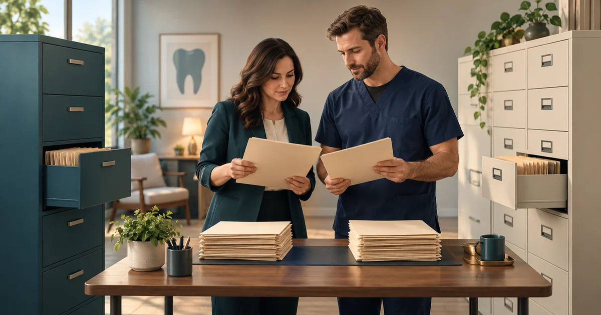 An owner and technician compare record folders between two archive cabinets.