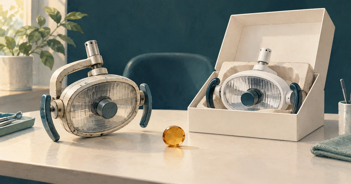 An older dental equipment component and a boxed replacement balanced around a small amber credit token.