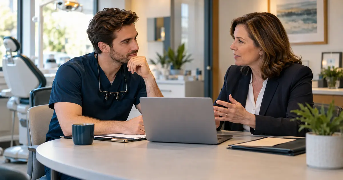 A prospective dental owner listens to an adviser across a desk with an open laptop.