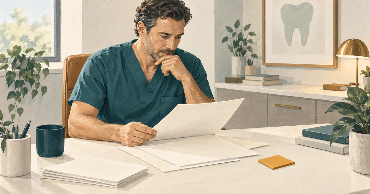 A dentist-owner reviewing layered blank financial sheets on a desk, one amber expense tile set apart.