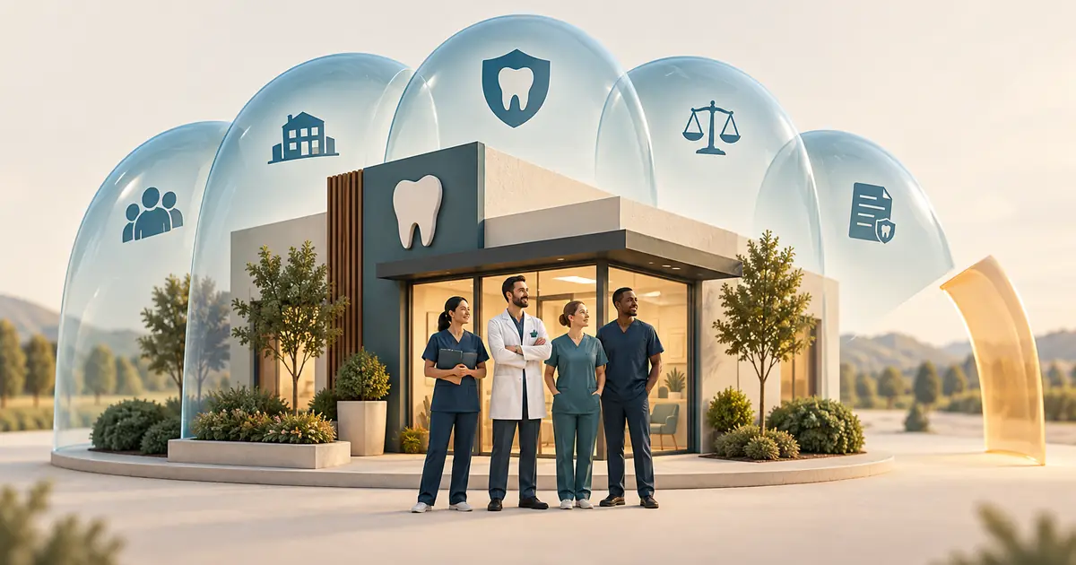 A small dental office beneath several distinct translucent protective arcs, with one uncovered gap visible.