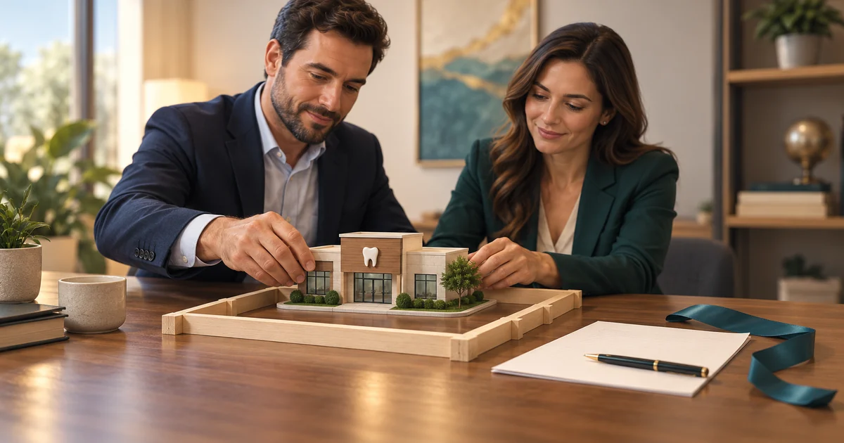 A buyer and adviser review a term sheet beside an office model in an unfinished frame.