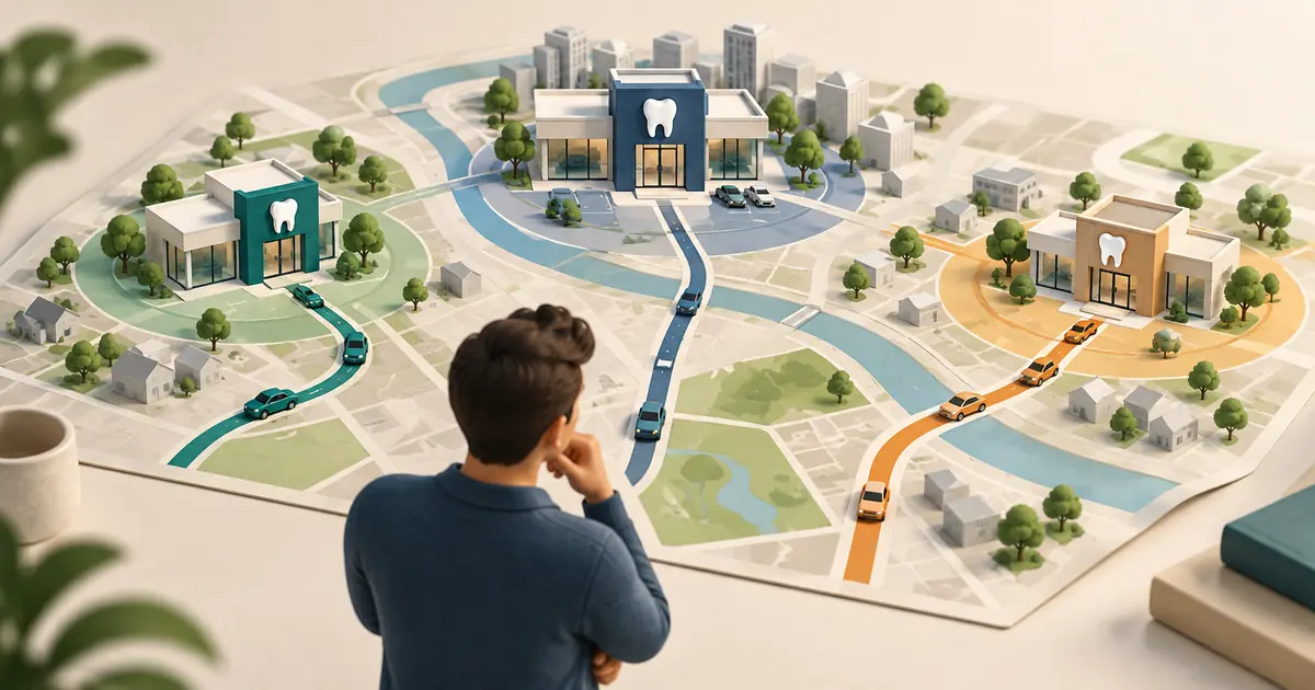 Three small dental-office building models on an abstract map with distinct access routes.