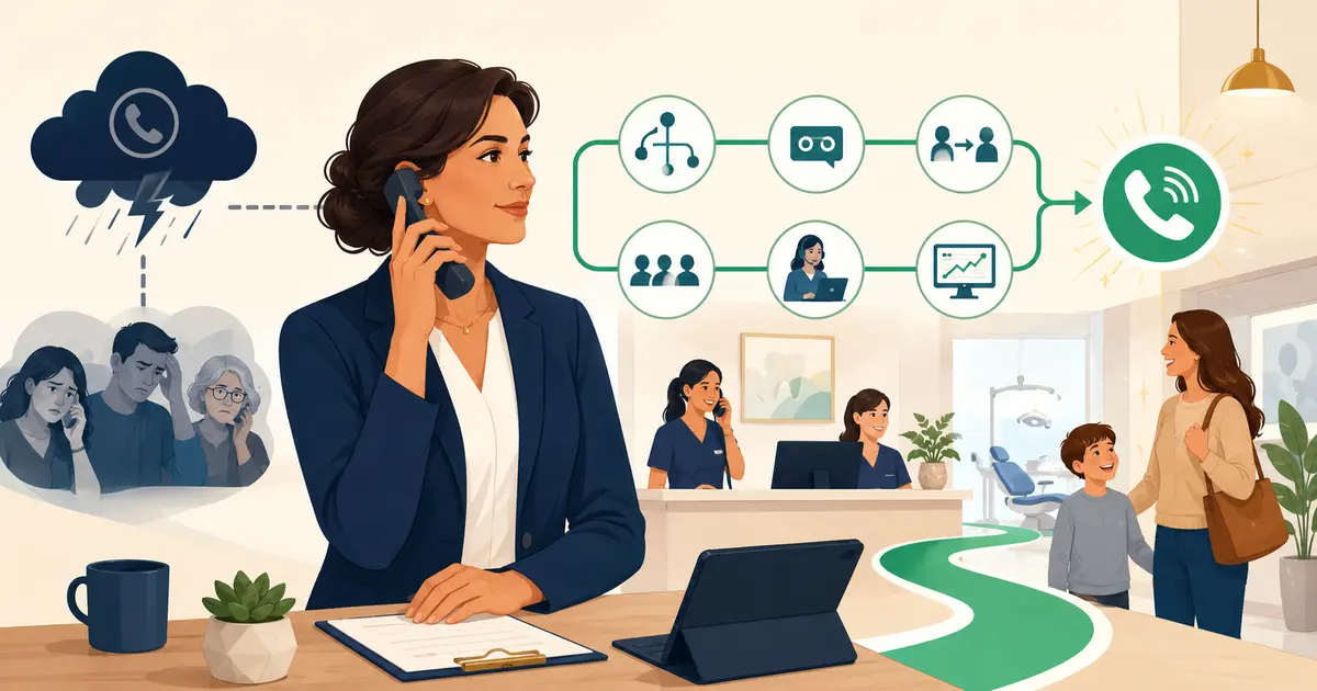Dental practice owner and manager review a schedule, task board, phone activity, and financial summary during an office huddle.