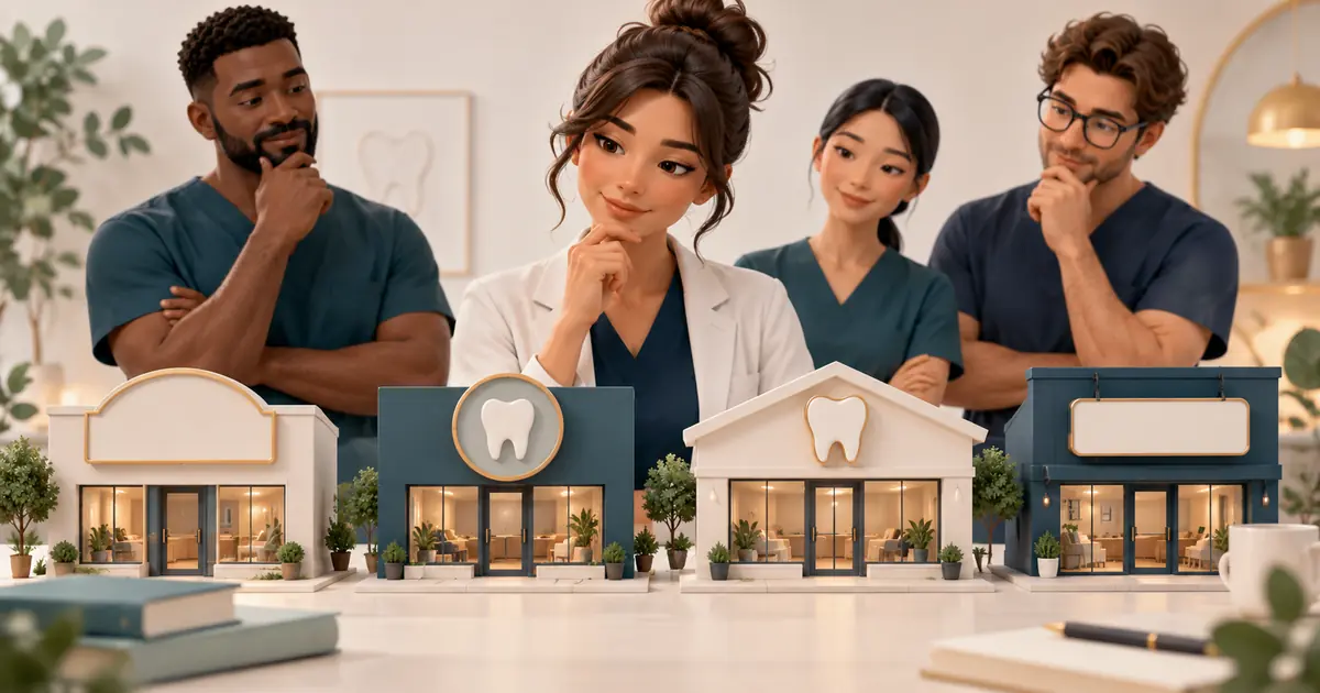 A future practice owner compares several blank sign shapes on miniature dental storefronts.