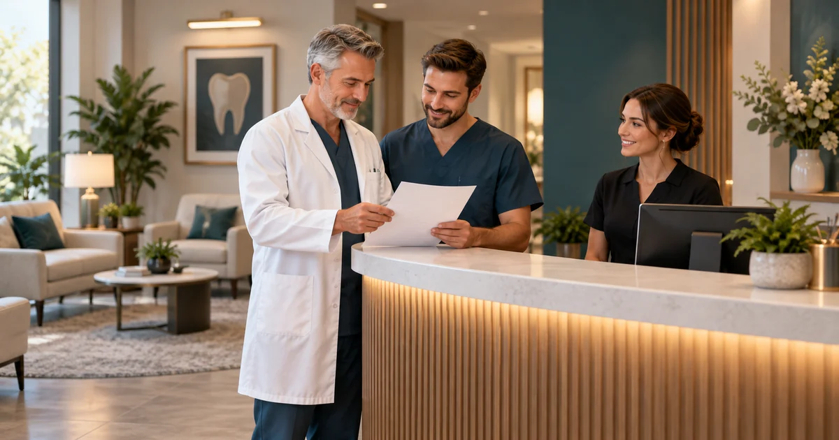 Two dentists and a receptionist review a patient letter at a reception counter.