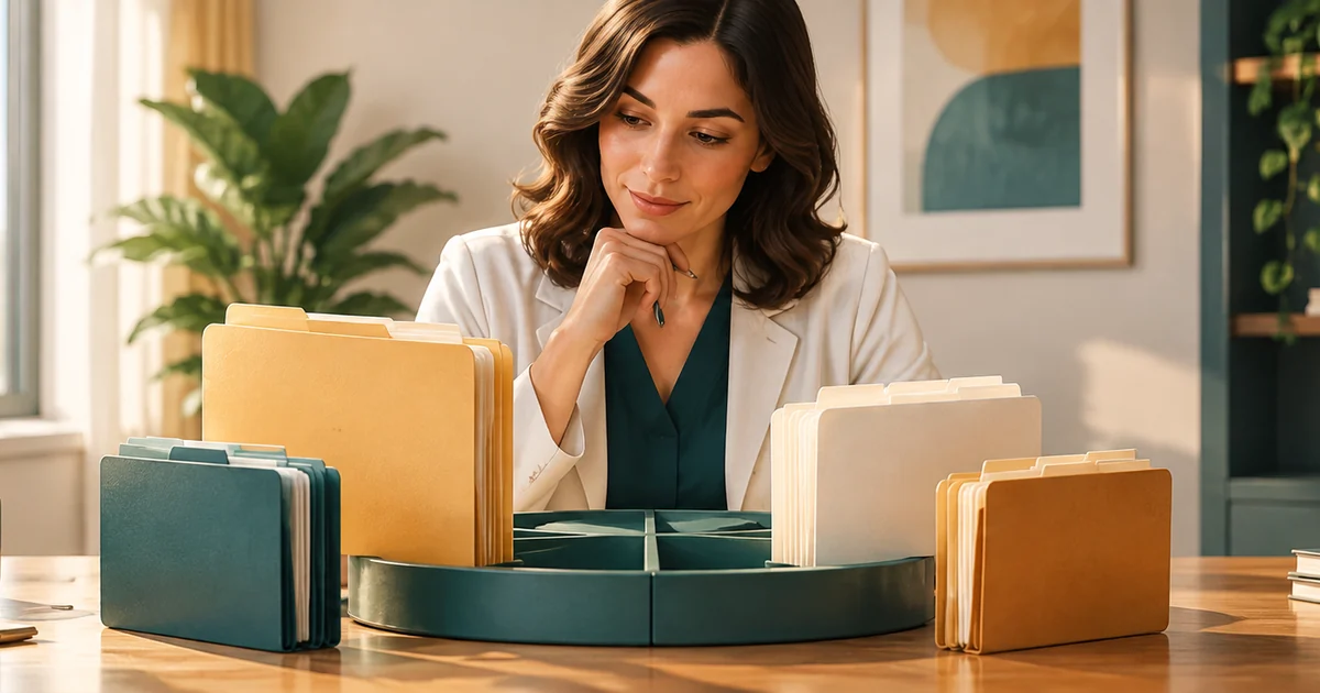 A practice owner compares differently sized payer folders arranged around a circular organizer.