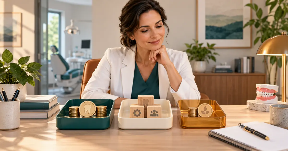 A practice owner compares symbolic revenue, cost and earnings trays beside blank financial records.