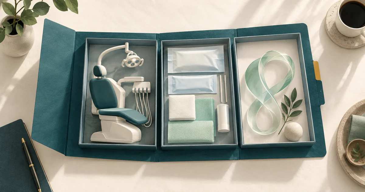 A practice acquisition folder divided into distinct equipment, supplies and intangible-asset trays represented only by objects.