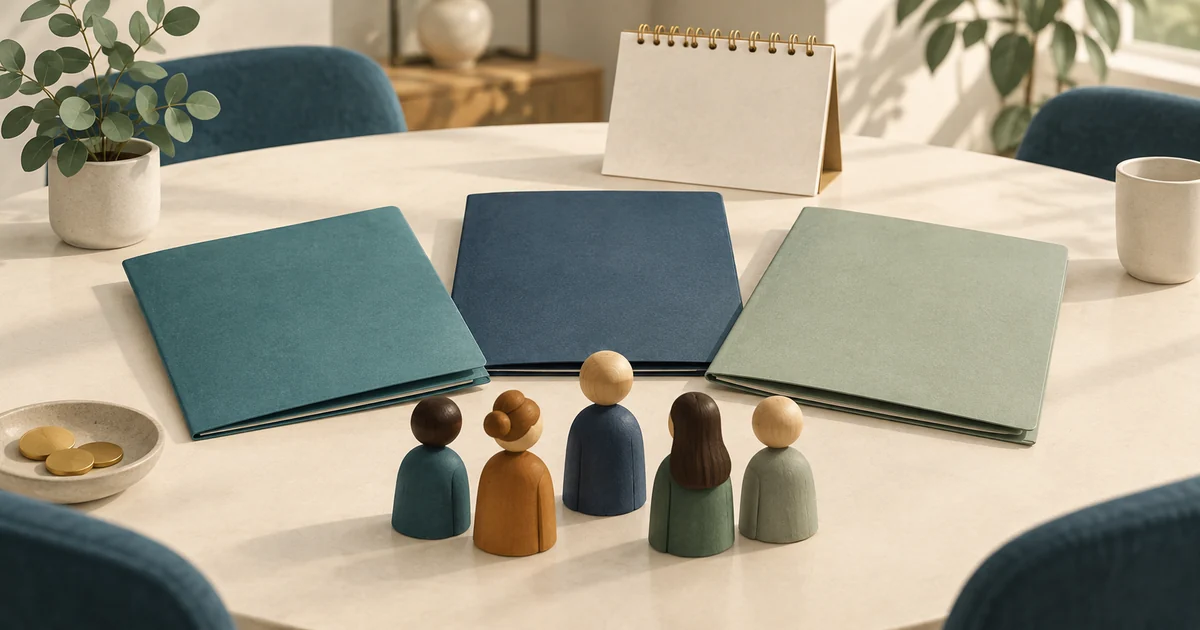 Three distinct benefit-plan folders on a meeting table with small team figurines and a future calendar.