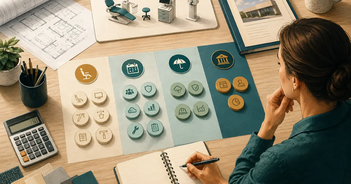 Future dental practice owner sorts build-out, equipment, staffing, technology, and reserve estimates into a startup budget.