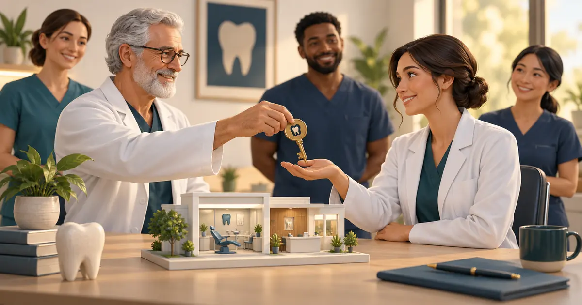 An established dentist hands a practice key across a desk to a successor beside a miniature office.