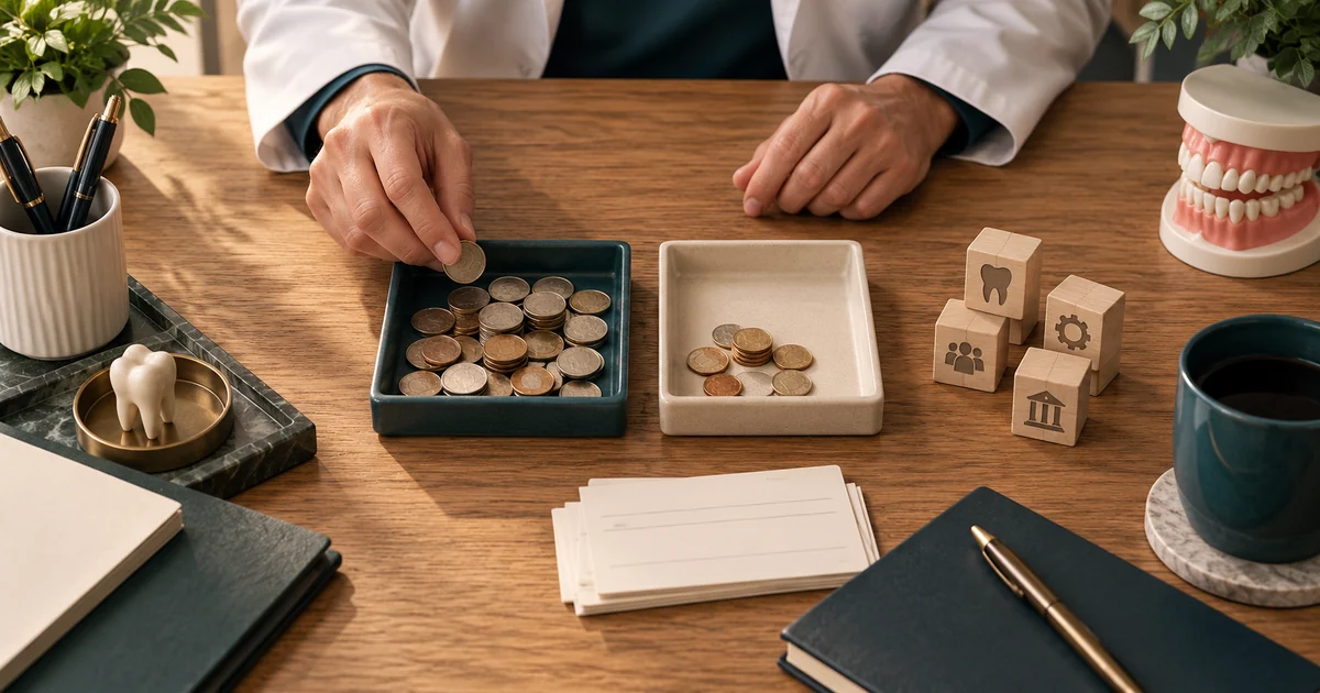 An owner compares coin trays, blank record slips and obligation blocks beside a dental model.