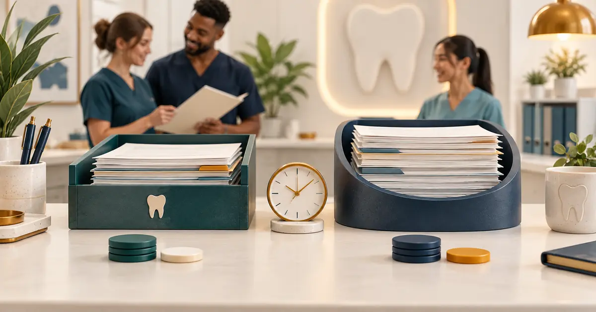 Two differently shaped insurance document trays with a small clock and blank status tokens.