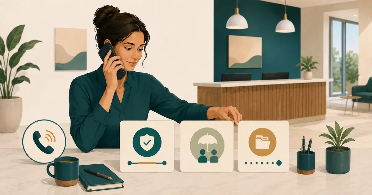 Dental receptionist explains an approved fee range while separating the estimate, insurance question, and next step.