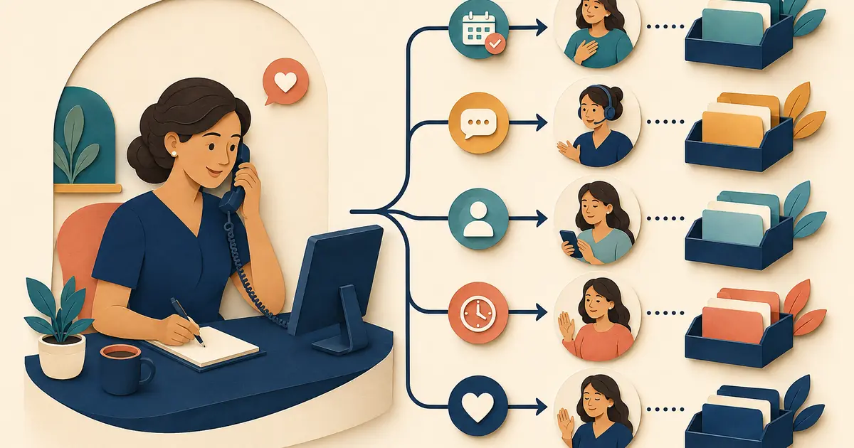 Dental receptionist follows recall and reactivation call branches for identity, interest, scheduling, questions, preferences, and respectful closure.