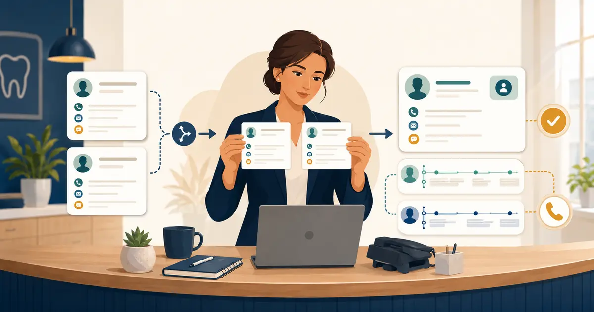 Dental office manager interviews a front desk candidate using a structured scorecard in a bright professional reception area.