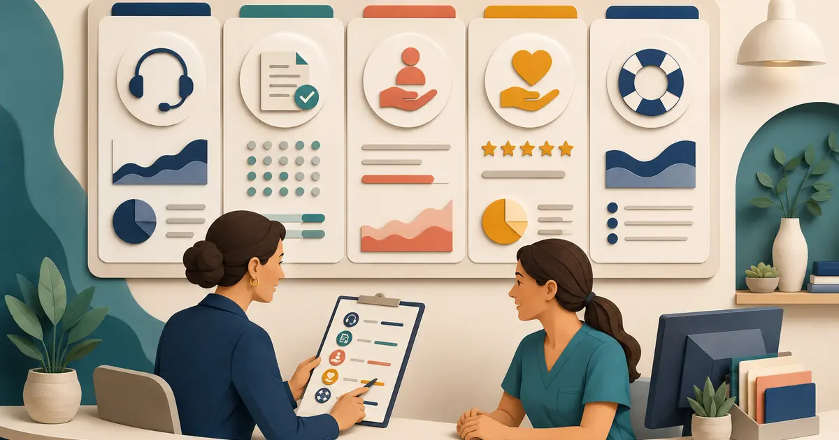 Dental office manager reviews a balanced receptionist scorecard for call access, request accuracy, ownership, service quality, and recovery.