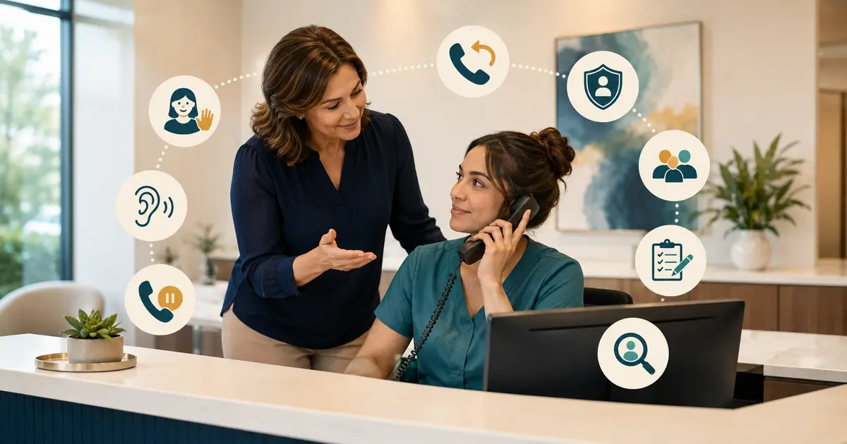 Dental office manager coaches a receptionist through greeting, discovery, hold, callback, escalation, documentation, and review stations.