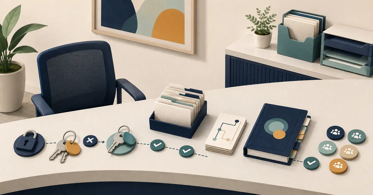 Dental office manager transfers call queues, routing knowledge, approved scripts, access, vendors, open requests, and backup ownership during staff turnover.