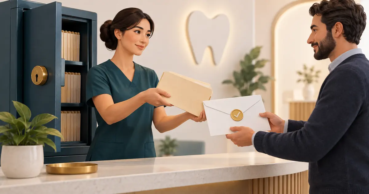 An unmarked patient record folder moving from a locked cabinet to a verified recipient envelope.