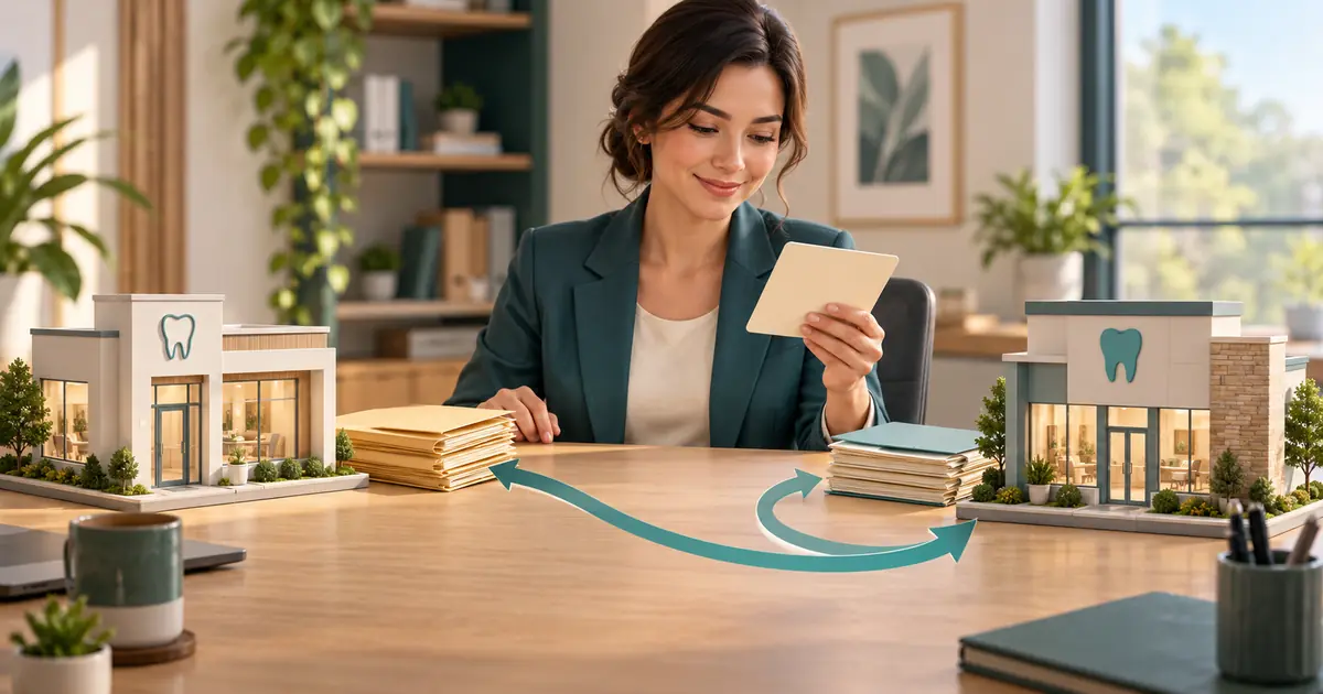 Referral folders move between two clinic models while an administrator checks receipt.