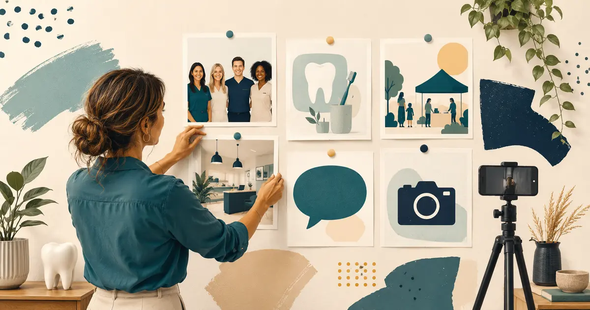 Dental office manager arranges a month of educational, team, community, and frequently asked question social posts on a content calendar.