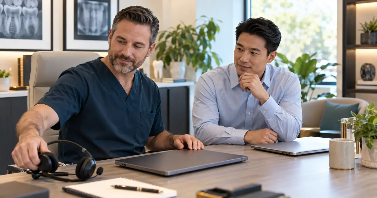 A dental owner and colleague review office technology while the owner reaches for a headset.