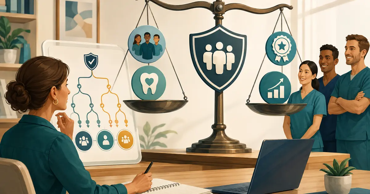 Dental office manager balances team goals, quality safeguards, eligibility rules, and payout calculations on a planning board.
