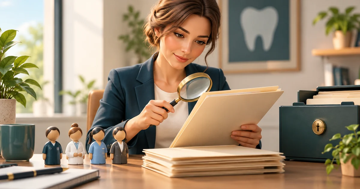 A manager checks credential folders beside role tokens and a secure records drawer.