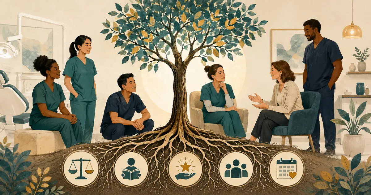 Dental practice owner holds a stay interview with a team member beside a clear growth and workload improvement plan.