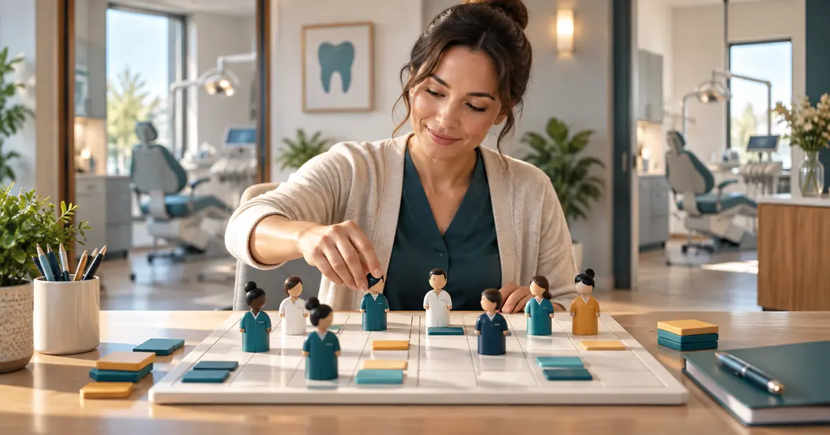 An office manager arranges team tokens on a weekly scheduling board.