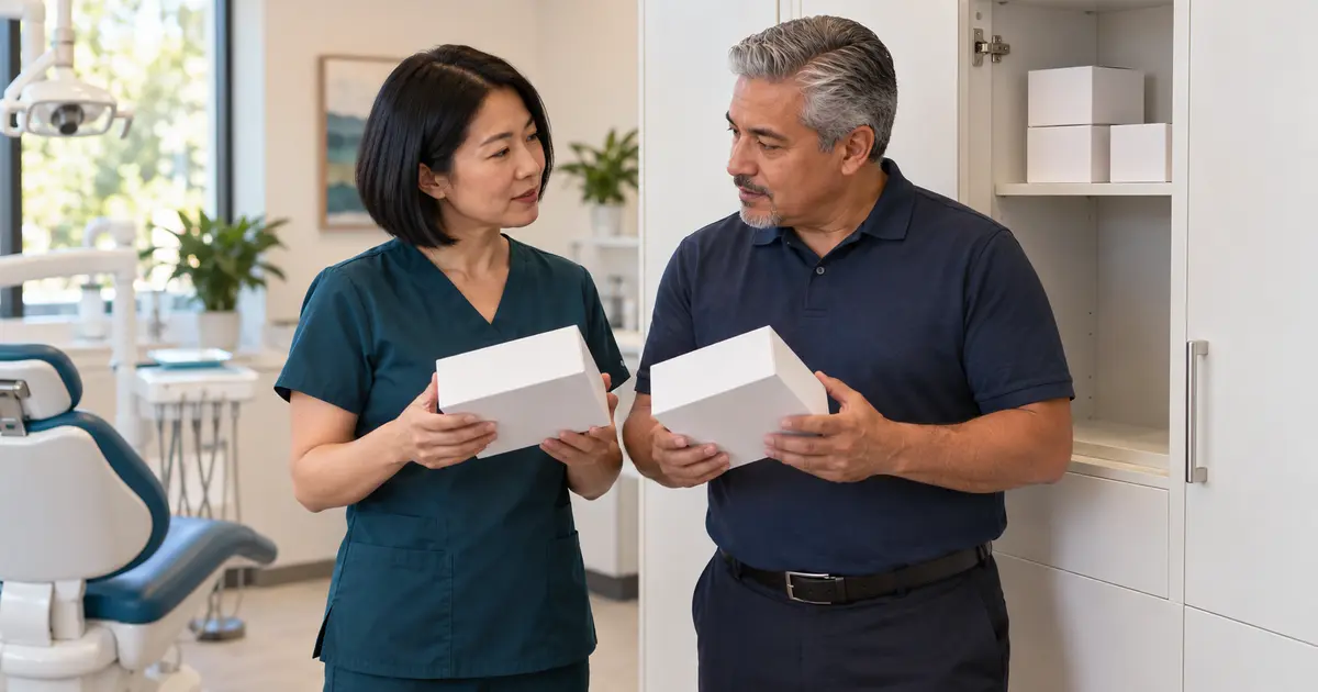 A practice owner and purchasing manager compare plain supply boxes beside a dental office cabinet.