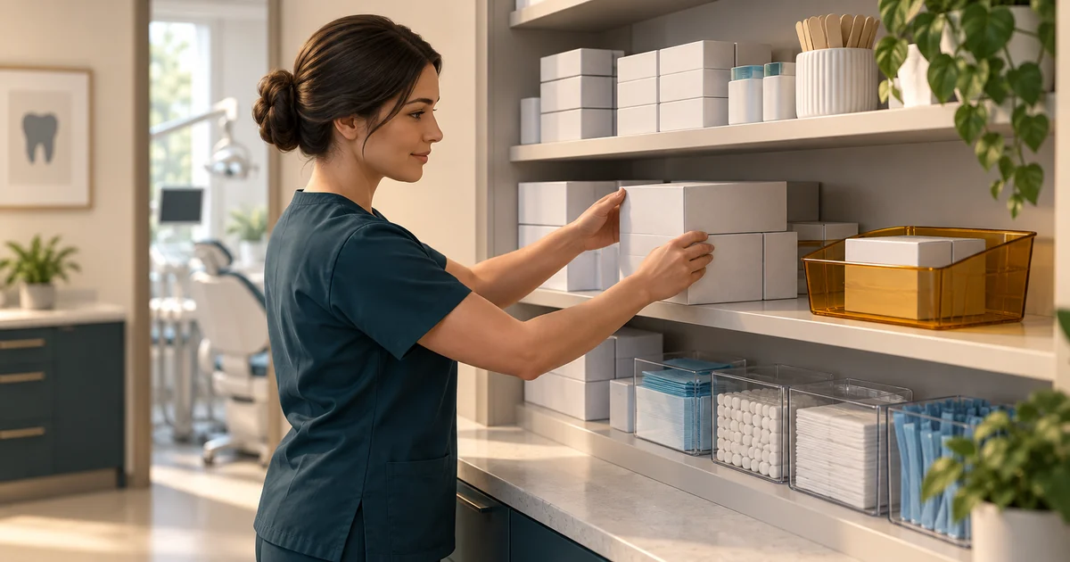 A manager rotates sealed supplies on a shelf beside a separate holding basket.