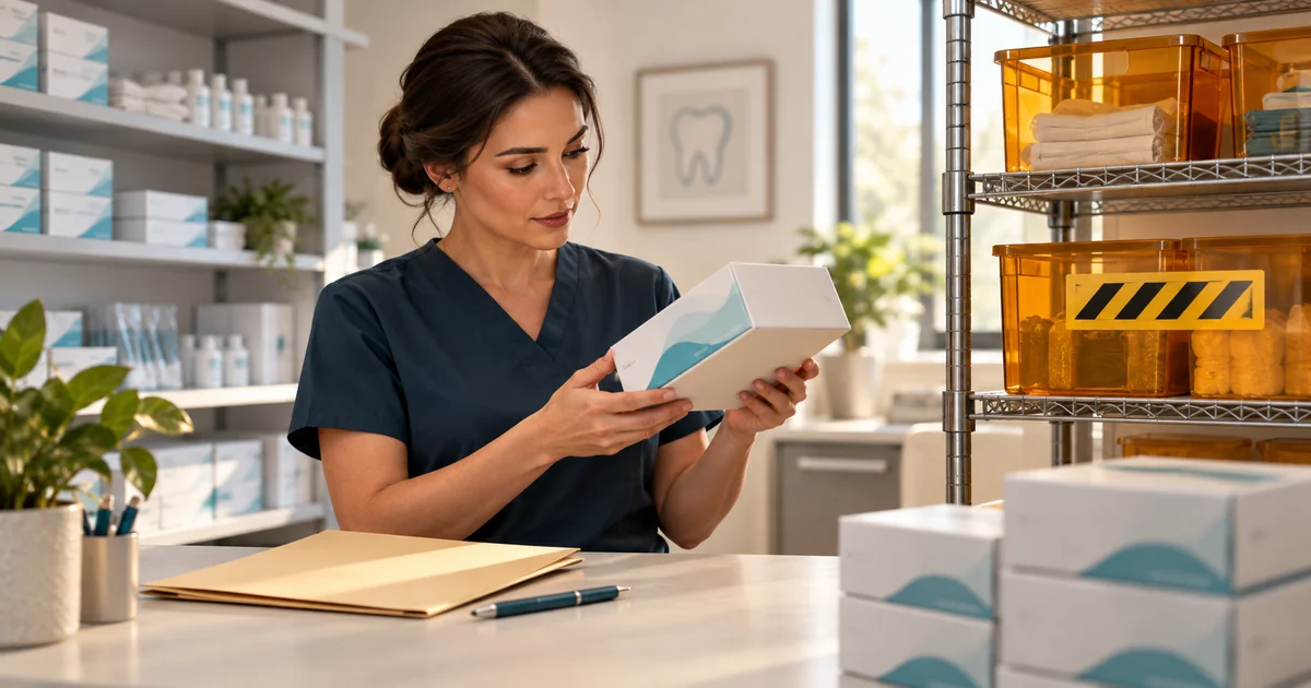 A manager checks a sealed supply box beside a separate holding shelf and tracking folder.
