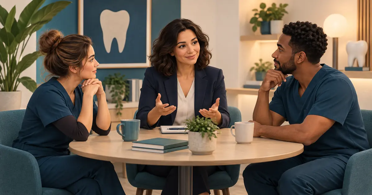 Two dental team members seated with a manager at a small round table, calm open posture.