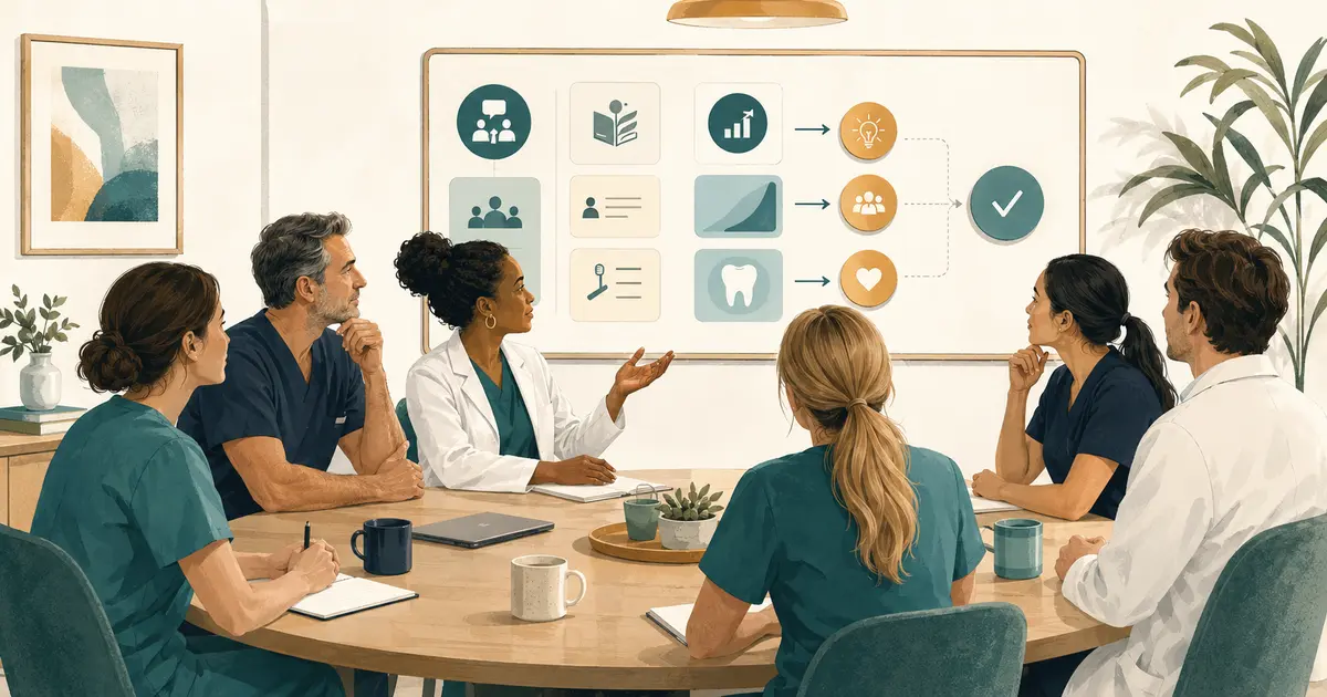 Dental team works through a structured meeting agenda with wins, metrics, one problem-solving exercise, workflow practice, and action owners.