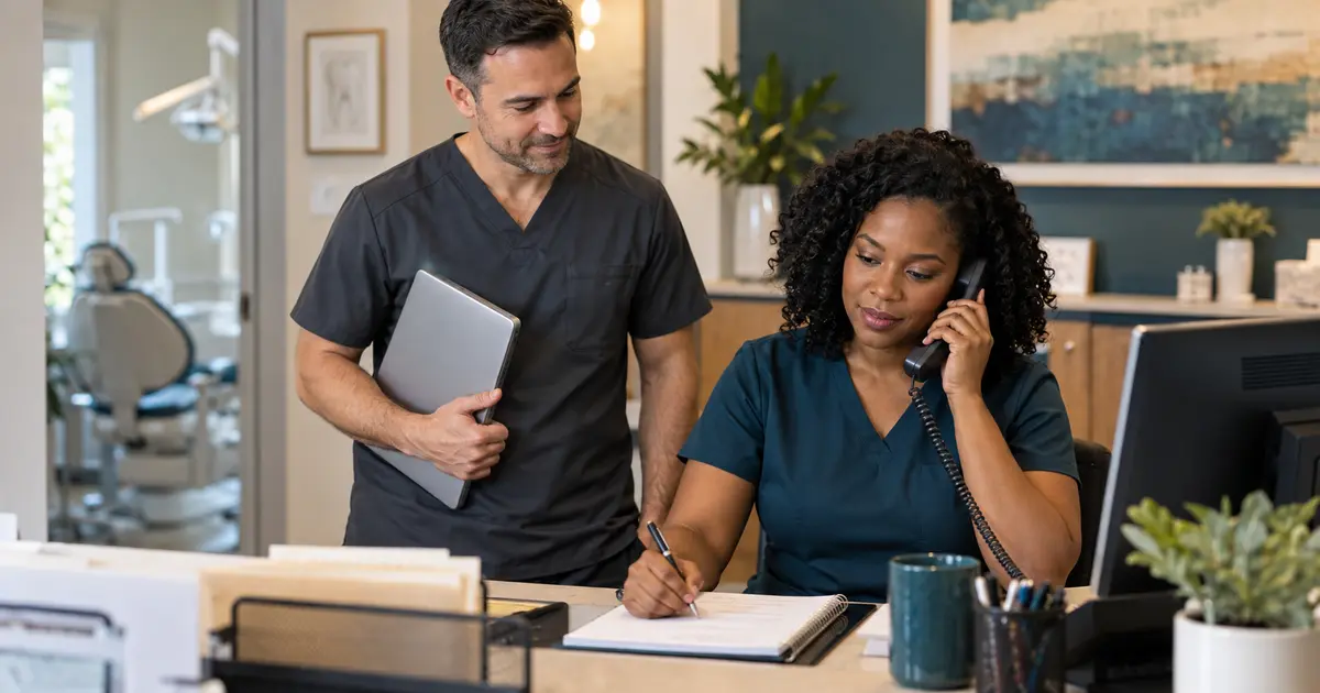 A dental office manager makes a verification phone call while a colleague waits beside her.