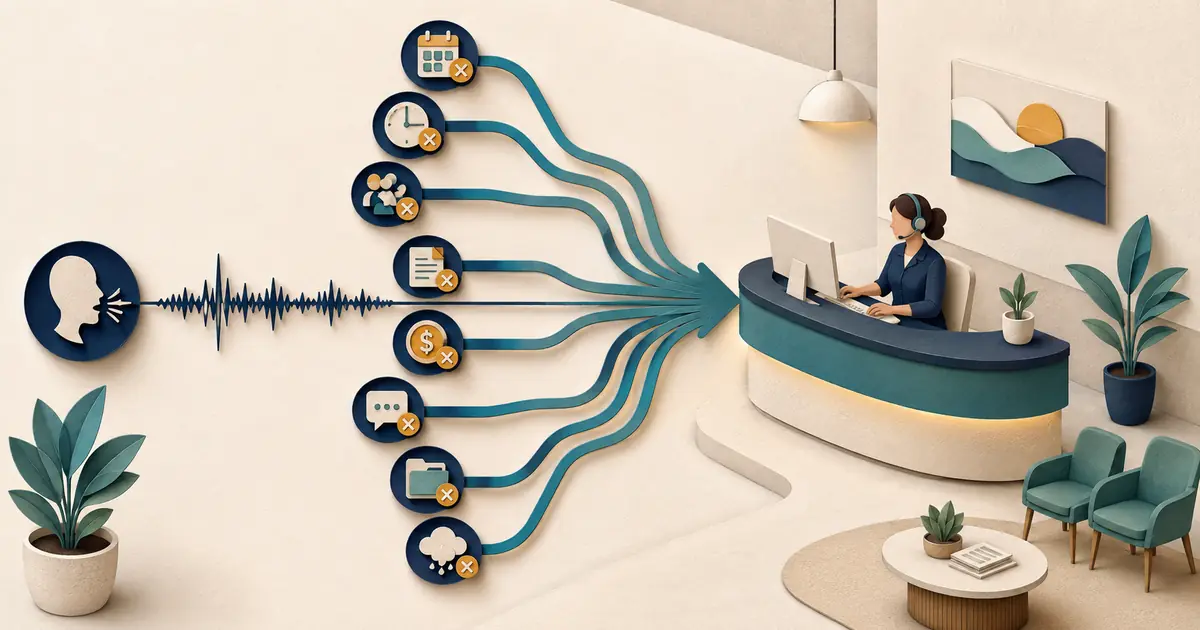 Manager monitors a dental voice workflow with failure branches for silence, delay, misunderstanding, wrong facts, loops, dropped calls, missing summaries, and manual recovery.