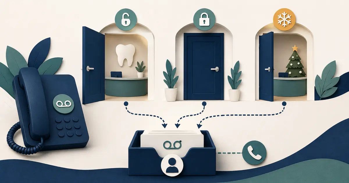 Future dental practice owner organizes open-hours, lunch, closed-office, holiday, outage, and emergency voicemail paths around clear next steps.