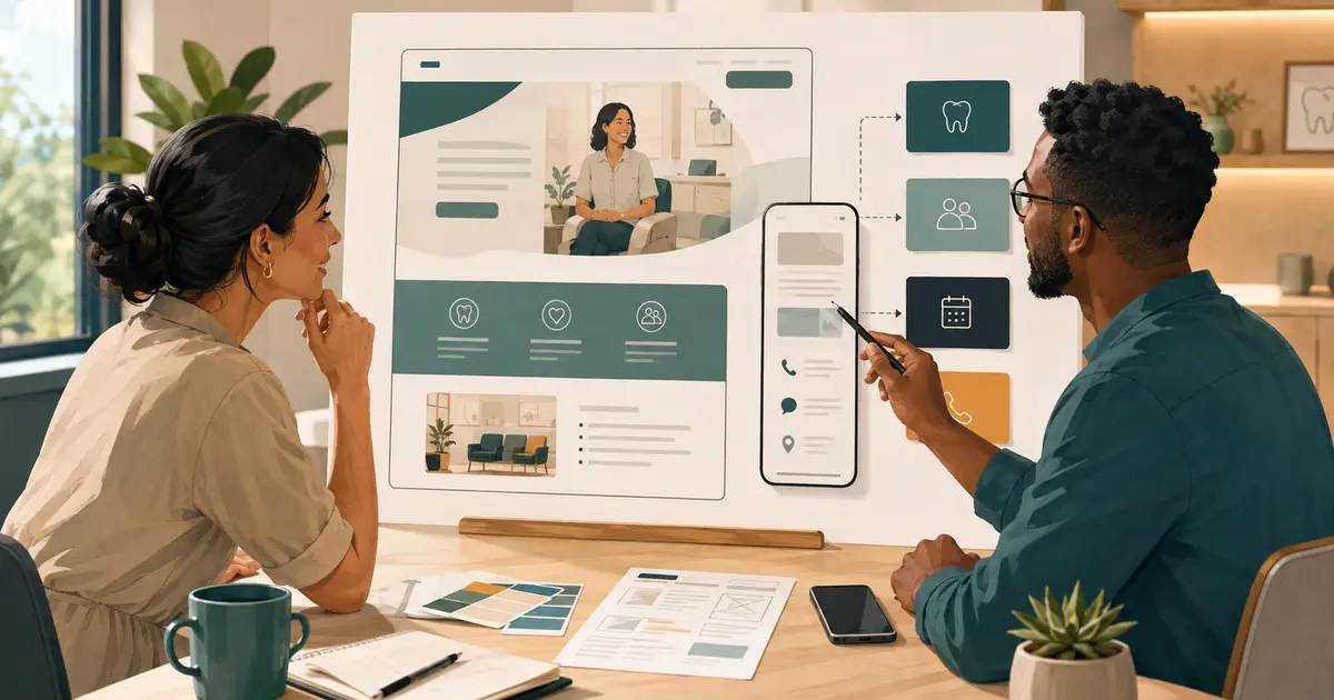 Practice owner reviews a dental website on phone and laptop beside a patient journey map and accessibility notes.