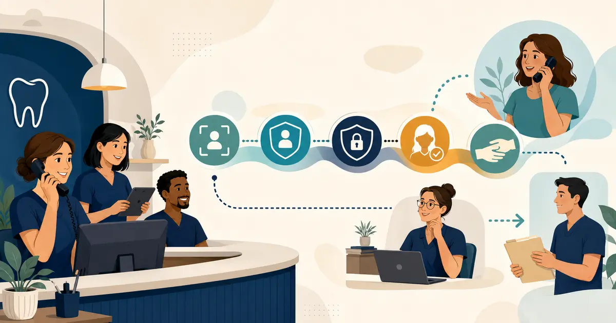 Dental front desk employee carefully reviews a caller request involving a patient and family representative using a privacy workflow.