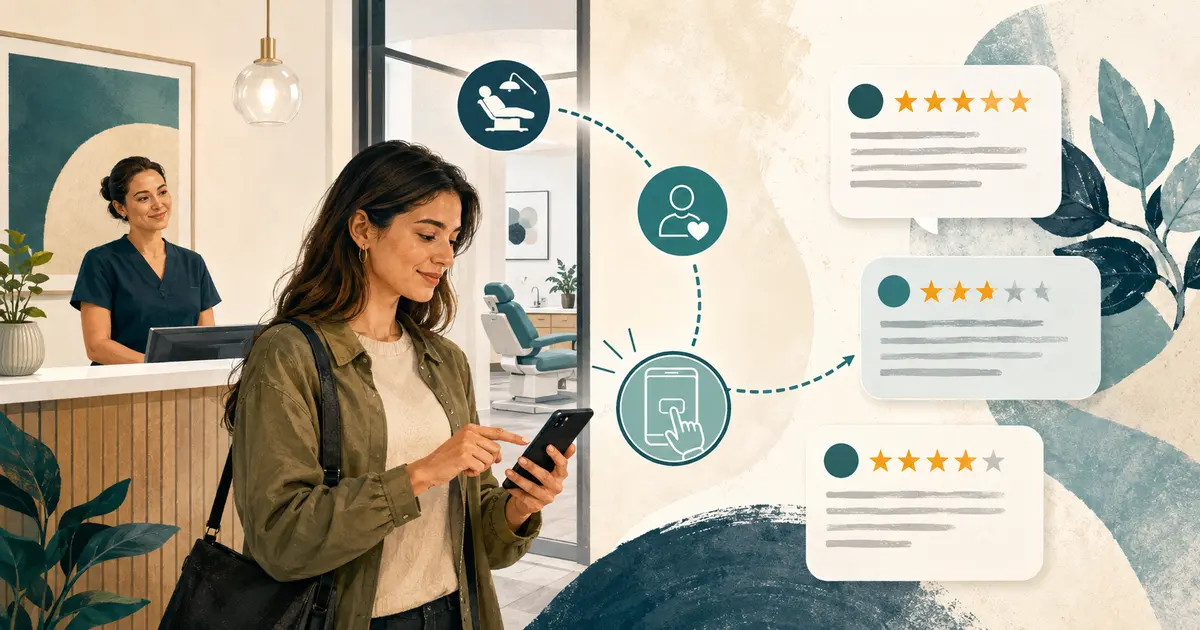 Dental practice owner reviews a neutral patient feedback request workflow with QR card, phone message, response queue, and privacy checks.