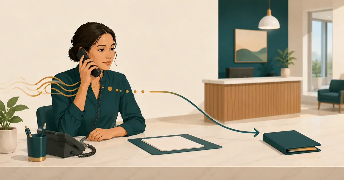 Dental front desk team member calmly listens to an upset caller while preparing a clear handoff note.