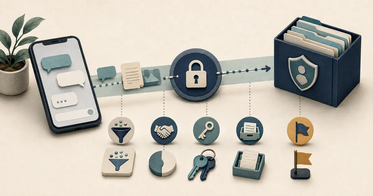 Dental practice owner reviews a texting data-flow map with purpose, patient preference, vendor roles, access, safeguards, retention, incidents, and exit.