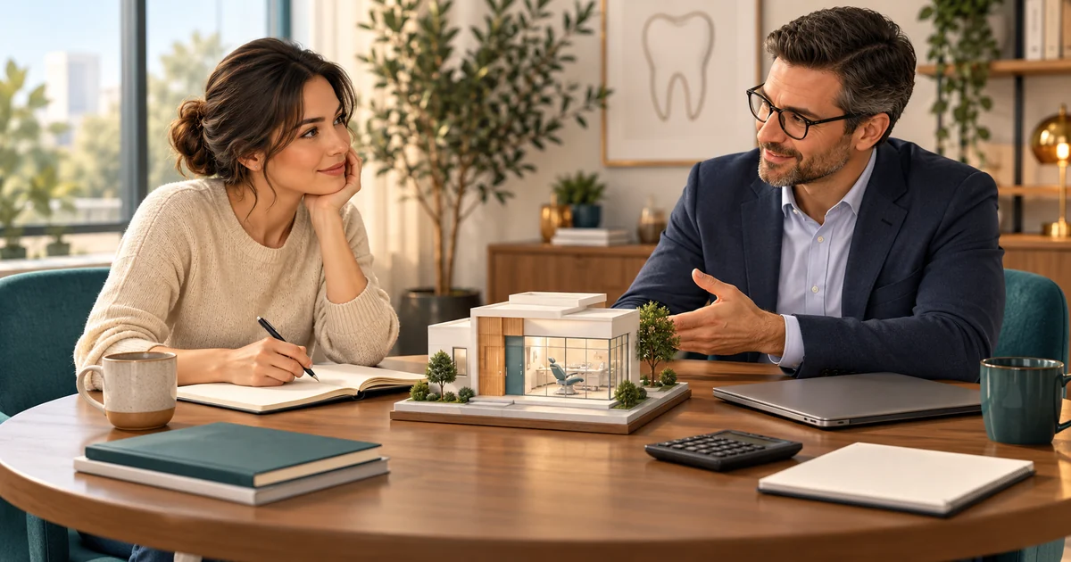 A future practice owner and accounting adviser meet beside ledgers and an office model.