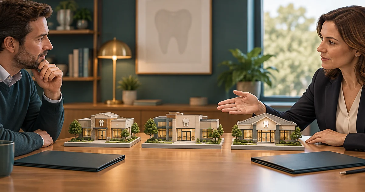 A prospective buyer and broker review office models and engagement folders at a table.